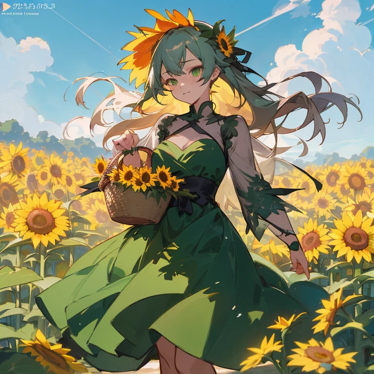 a woman in a green dress holding a basket of flowers, guweiz on pixiv artstation, official art, guweiz on artstation pixiv, trending on artstation pixiv, guweiz, beautiful sunflower anime girl, anime visual of a cute girl, cute anime waifu in a nice dress, rin, official artwork