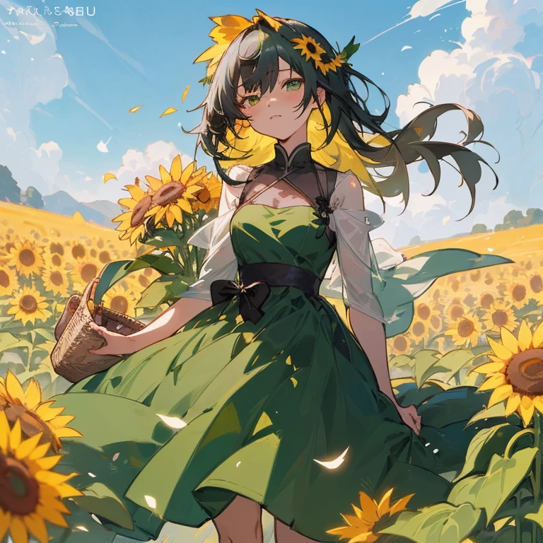 a woman in a green dress holding a basket of flowers, guweiz on pixiv artstation, official art, guweiz on artstation pixiv, trending on artstation pixiv, guweiz, beautiful sunflower anime girl, anime visual of a cute girl, cute anime waifu in a nice dress, rin, official artwork