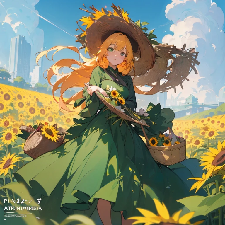 a woman in a green dress holding a basket of flowers, guweiz on pixiv artstation, official art, guweiz on artstation pixiv, trending on artstation pixiv, guweiz, beautiful sunflower anime girl, anime visual of a cute girl, cute anime waifu in a nice dress, rin, official artwork