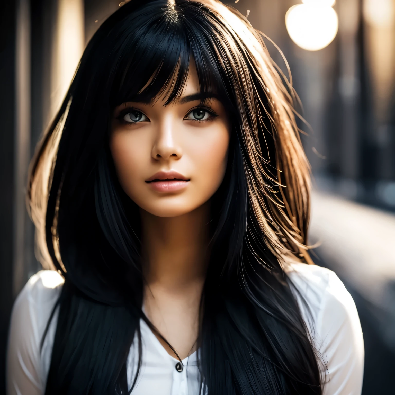 (best quality,ultra-detailed),a woman with long black hair,slanted eyes, monolid, blunt bangs, beautiful detailed eyes, beautiful detailed lips, extremely detailed eyes and face, long eyelashes, realistic, black and white portrait, high contrast, chiaroscuro lighting, fine pencil strokes, dark and mysterious atmosphere, intense gaze, elegant and confident pose, smooth and shiny hair, minimalist background