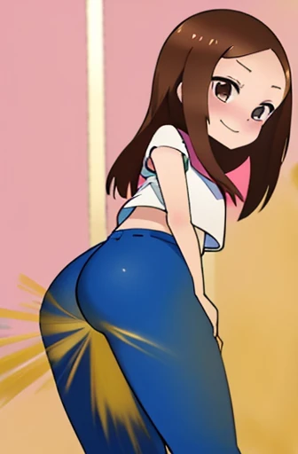 (real)、(photorealistic)、Ms. Takagi、1 woman、Height: 155cm、long hair、brown hair、bangs parting、brown eyes、White crop top、(belly exposed)、pink training pants、Black sneakers、amount、smile、muste piece、whole body、highest quality、volume light、Highly detailed CG Unity 8K wallpaper、The background is a dance studio、Light、Fantasia、Magic Spark、women stink、fart、shyness、blush、Gas comes out of the butt、Tense the face、sweaty、whole body写真