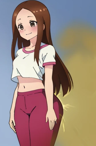 (real)、(photorealistic)、Ms. Takagi、1 woman、Height: 155cm、long hair、brown hair、bangs parting、brown eyes、White crop top、（belly exposed）、pink training pants、Black sneakers、amount、smile、muste piece、whole body、highest quality、volume light、Highly detailed CG Unity 8K wallpaper、The background is a dance studio、Light、Fantasia、Magic Spark、women stink、fart、shyness、blush、Gas comes out of the butt、Tense the face、sweaty、whole body写真