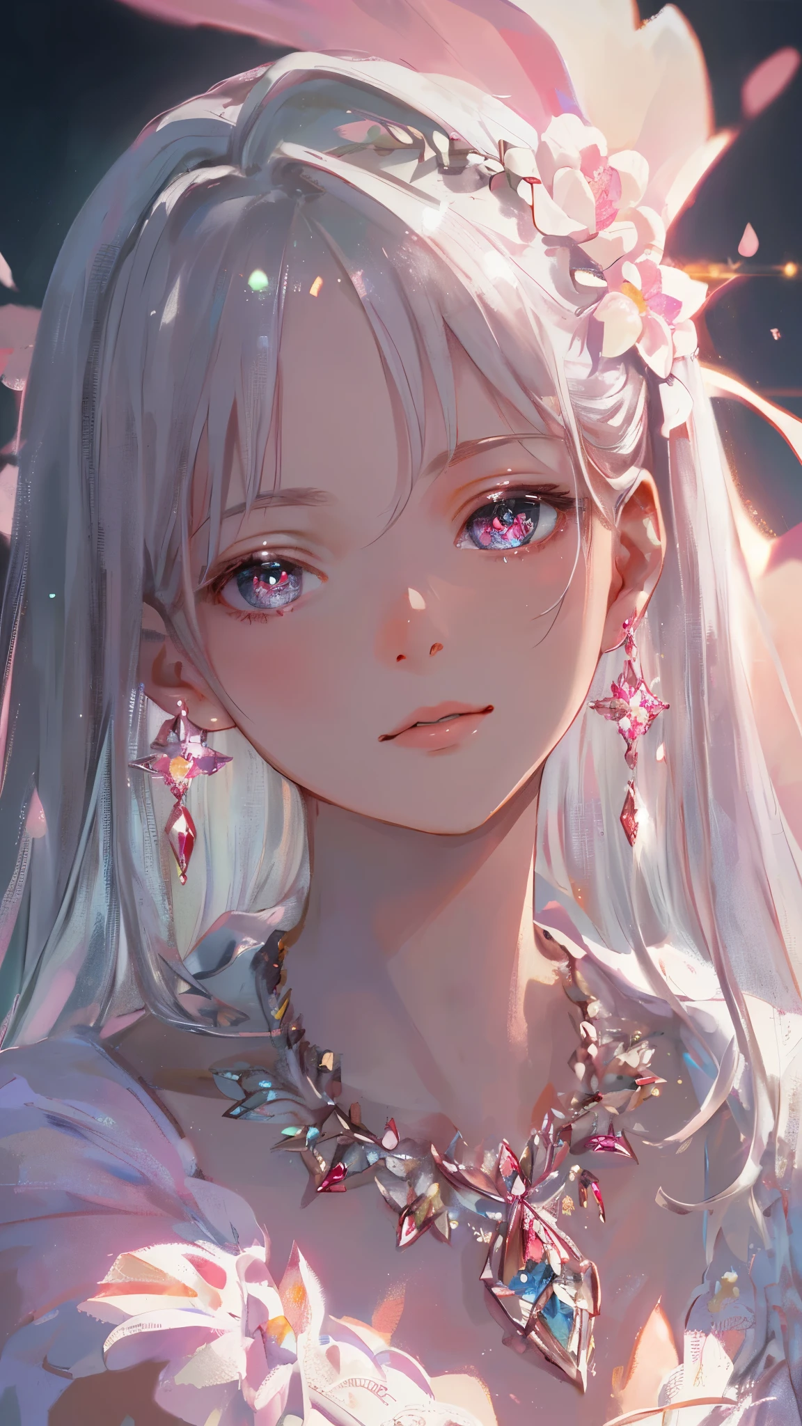 masterpiece, best quality, illustration, Gorgeous pink, Platinum Earrings, Platinum Necklace, white dress, 1 girl, Lovely, (dynamic lighting:1.2), Cinema lighting, Exquisite facial features, delicate eyes, sharp pupils, realistic student, depth of field, Bokeh, sharp focus, (Super detailed, bloom, glow:1.4), Many small gemstones