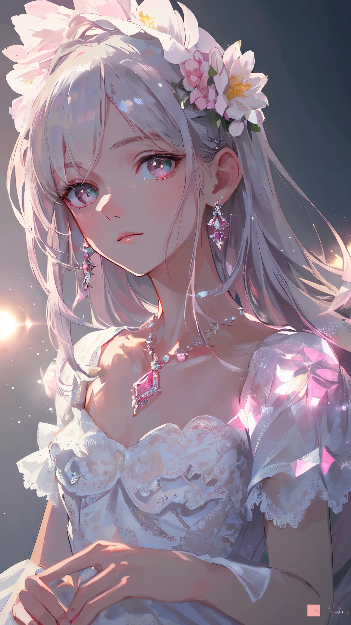 masterpiece, best quality, illustration, Gorgeous pink, Platinum Earrings, Platinum Necklace, white dress, 1 girl, Lovely, (dynamic lighting:1.2), Cinema lighting, Exquisite facial features, delicate eyes, sharp pupils, realistic student, depth of field, Bokeh, sharp focus, (Super detailed, bloom, glow:1.4), Many small gemstones