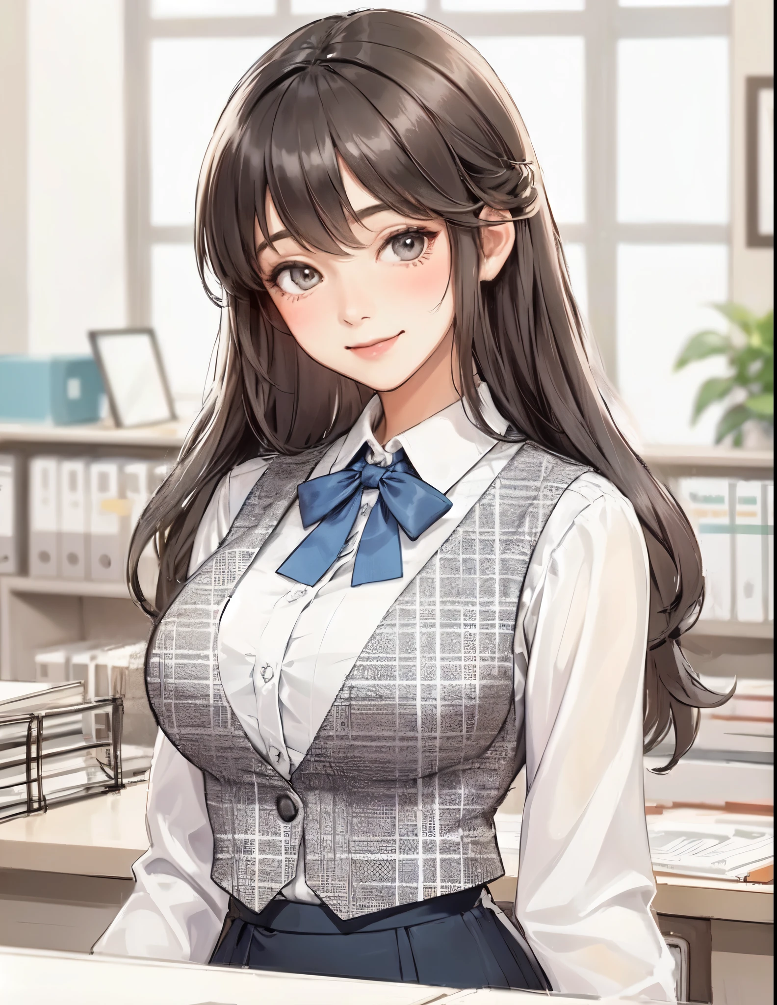 1lady standing, office worker, receptionist, (vest with white and gray checks:1.2) (navy pencil skirt) bowtie, mature female, /(black hair/) bangs, blush kind smile, shy, (masterpiece best quality:1.2) delicate illustration ultra-detailed, large breasts BREAK (modern office indoors), window cityscape, detailed background