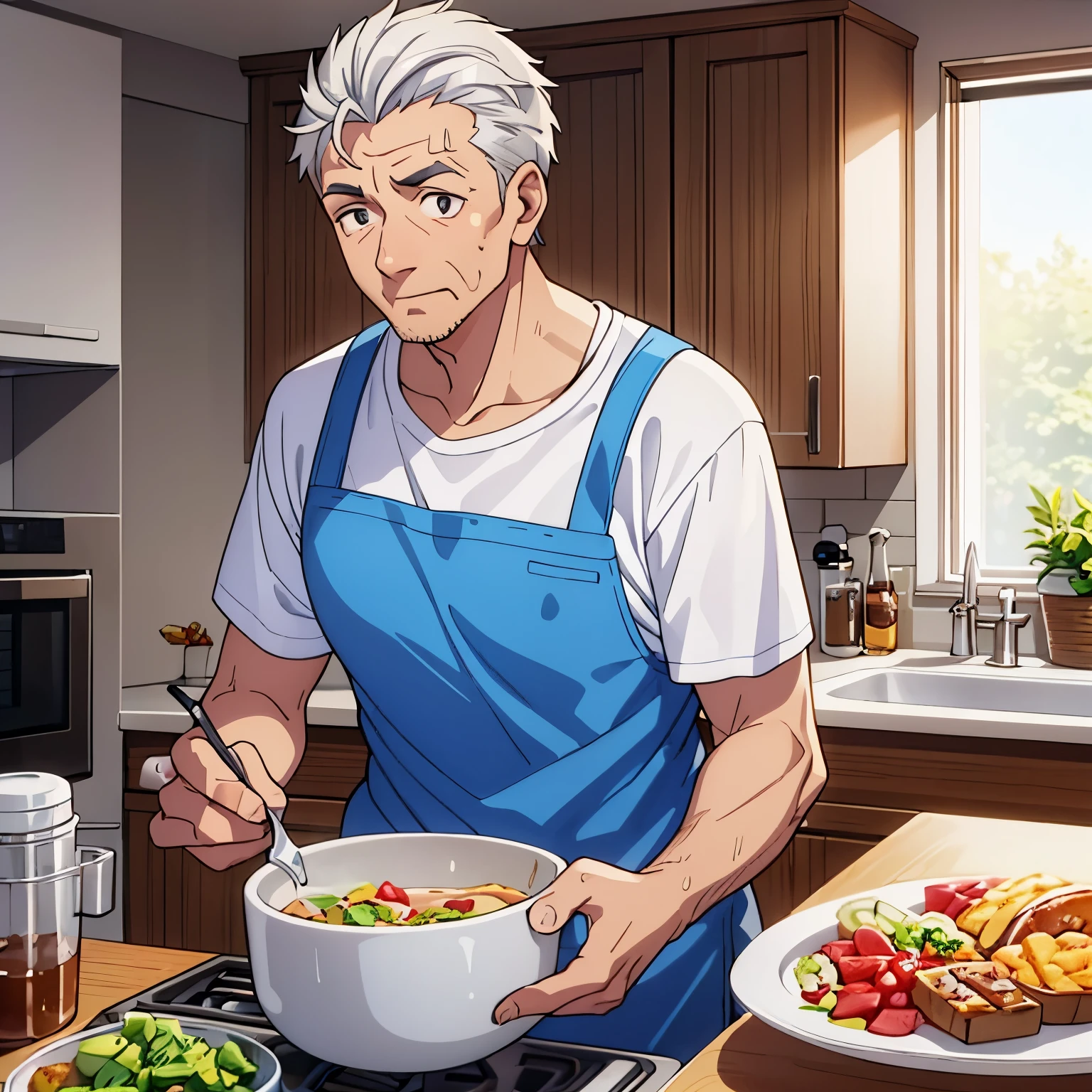 male parents aged 50 years  ,,,eat in the kitchen  