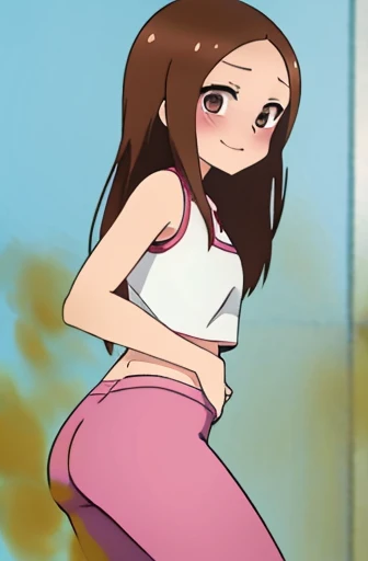 (real)、(photorealistic)、Ms. Takagi、1 woman、Height: 155cm、long hair、brown hair、bangs parting、brown eyes、White crop top、（belly exposed）、pink training pants、Black sneakers、amount、smile、muste piece、whole body、highest quality、volume light、Highly detailed CG Unity 8K wallpaper、The background is a dance studio、Light、Fantasia、Magic Spark、women stink、fart、shyness、blush、Gas comes out of the butt、Tense the face、sweaty、whole body写真、high school student