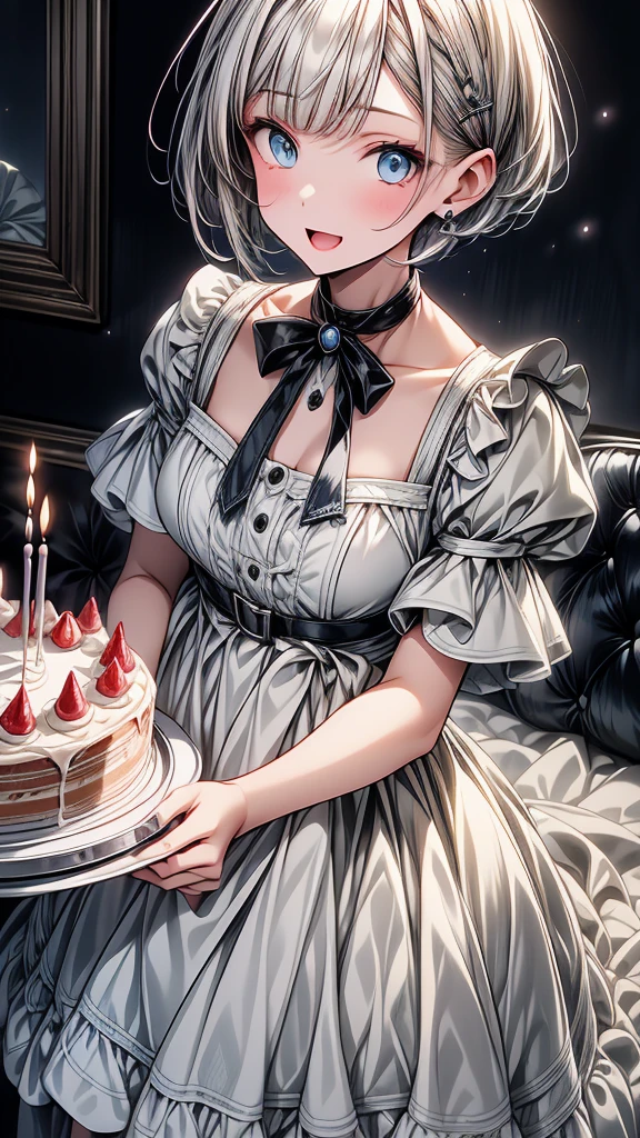 (Perfection), masterpiece, 1girl, birthday, black hair color, birthday party, birthday cake, sitting by table, cute, big boobs, happy expression, smiling, happy birthday, sitting by table, adults, short hair, bob haircut,l, short black bob hair, confetti, amazing scenery, birthday decorations, painted nails, birthday hats, adorable, ethereal scenery, birthday cake toppings