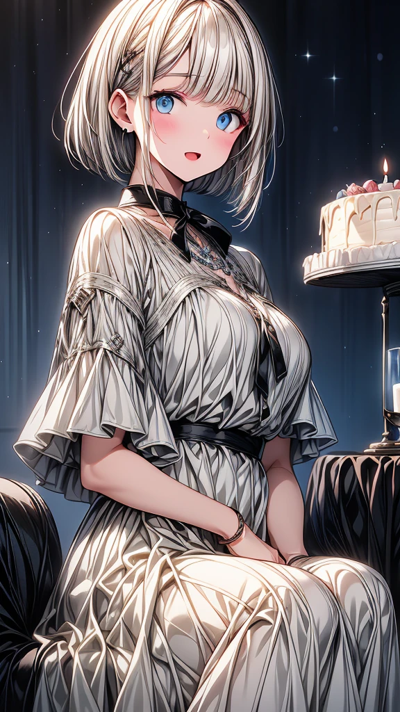 (masterpiece),{{detailed eyes}},1 girl with white bob cut hair and right bags side hair,blue eyes,{{detailed eyes}},open mouth,slightly blush,night room background,happy,hold a birthday cake.