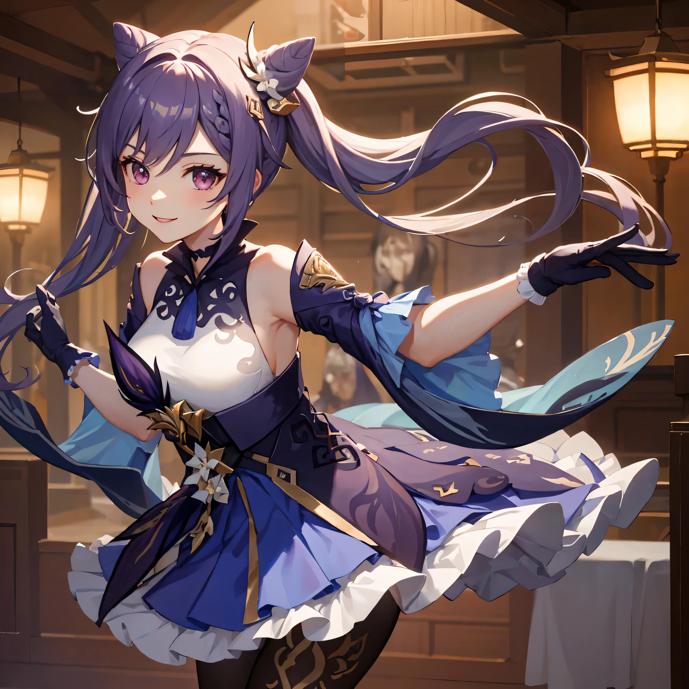 masterpiece, best quality, keqing, genshin, best art, original skin outfit, detailed, high resolution, dancing, theater theme bakhground,smiling