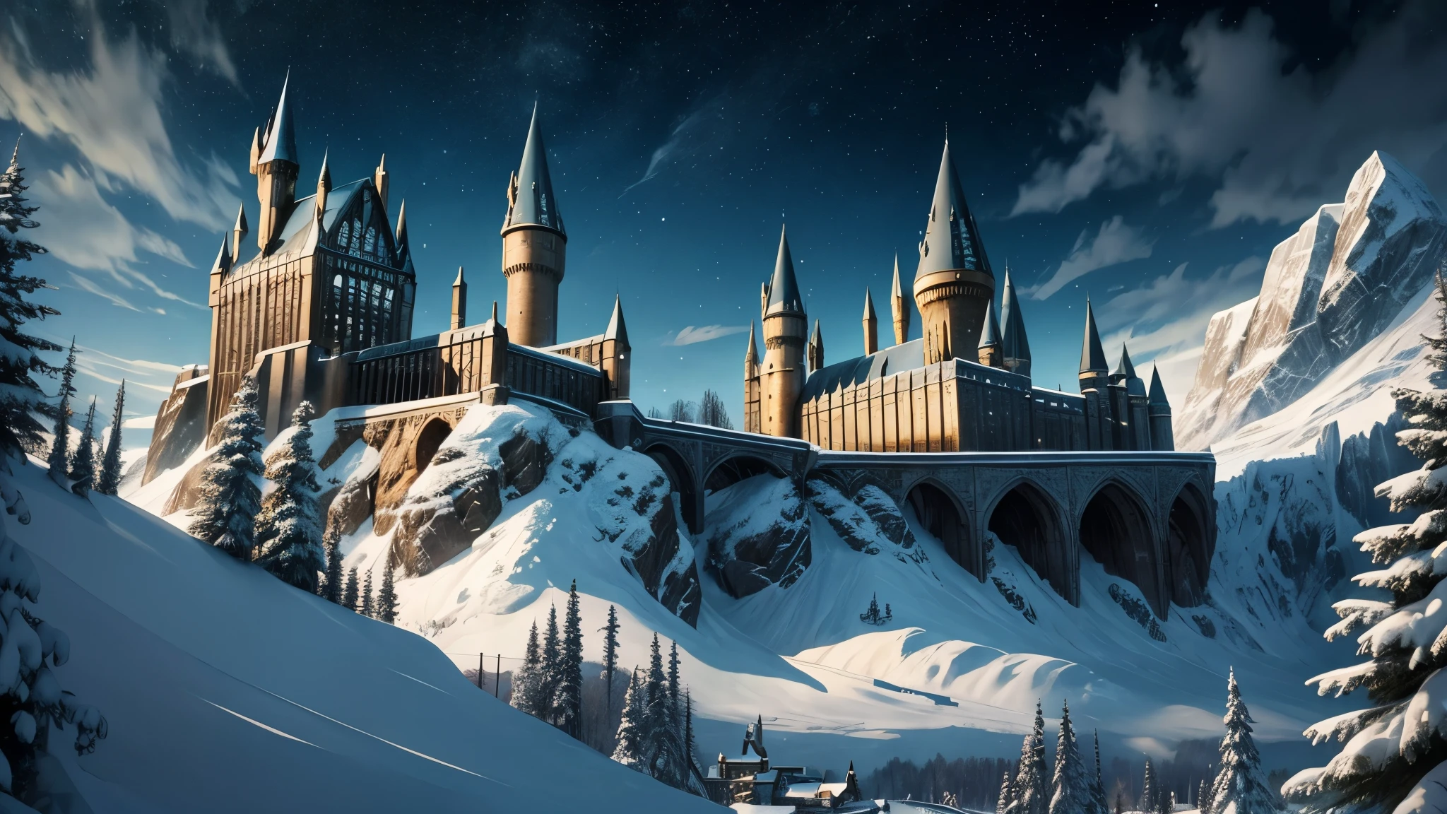 hogwarts in the horizon, winter season, wizarding world, cozy ambience