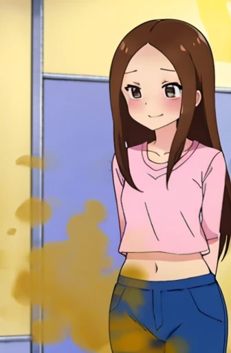 (real)、(photorealistic)、Ms. Takagi、1 woman、Height: 155cm、long hair、brown hair、bangs parting、brown eyes、White crop top、(belly exposed)、pink training pants、Black sneakers、amount、smile、muste piece、whole body、highest quality、volume light、Highly detailed CG Unity 8K wallpaper、The background is a dance studio、Light、Fantasia、Magic Spark、women stink、????、shyness、blush、Gas comes out of the butt、Tense the face、sweaty、whole body写真、high school student