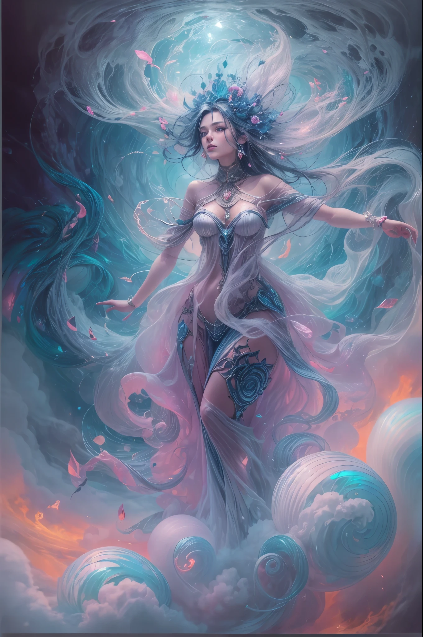 "((Exotic being)) intertwined with cascading liquid clouds, an artful dance in the celestial realm, (futuristic) girl surrounded by (iridescent) mist, (otherworldly) masterpiece, (detailed) and (dreamy)
