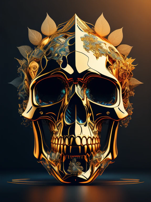 Golden skull, intricate design, ultra-detailed, floating, dynamic viewpoint, metallic shine, intricate details, holographic displays, atmospheric effects, Fantasy theme