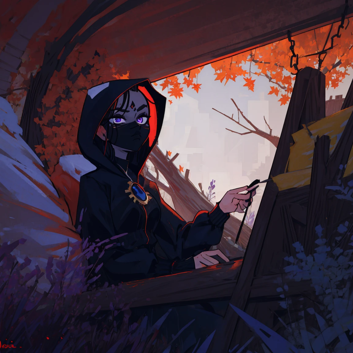 Raven, titans, hooded, goth girl, autumn forest background, detailed, detailed, detailed, beautiful, detail, goth girl, masterpiece, purple clothes, red jewel centre head, dark night background, gothic, goth, goth, detailed, goth girl, piercings, detailed face, looking viewer, raven, (Dark eye shadow) dark eye shadow, black eye shadow,