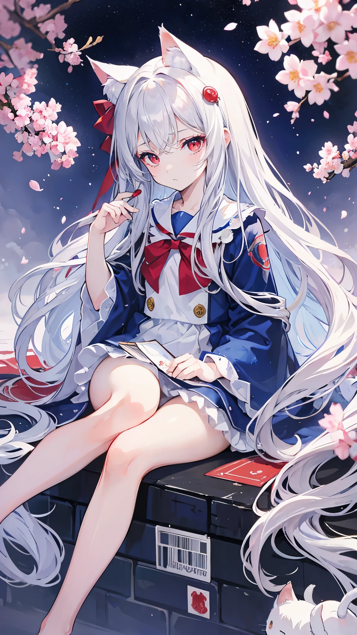 long silver hair，Hair curtain with slight curls in the middle，red eyes，Comb your hair by hand，D Cup Girl，Cat fur card，Blue and white sailor suit，sad expression，big eyes，cherry blossoms falling