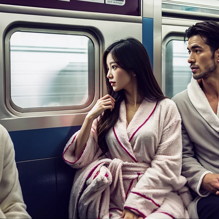 A beautiful woman wearing a bathrobe、attacked by a handsome man、on the train