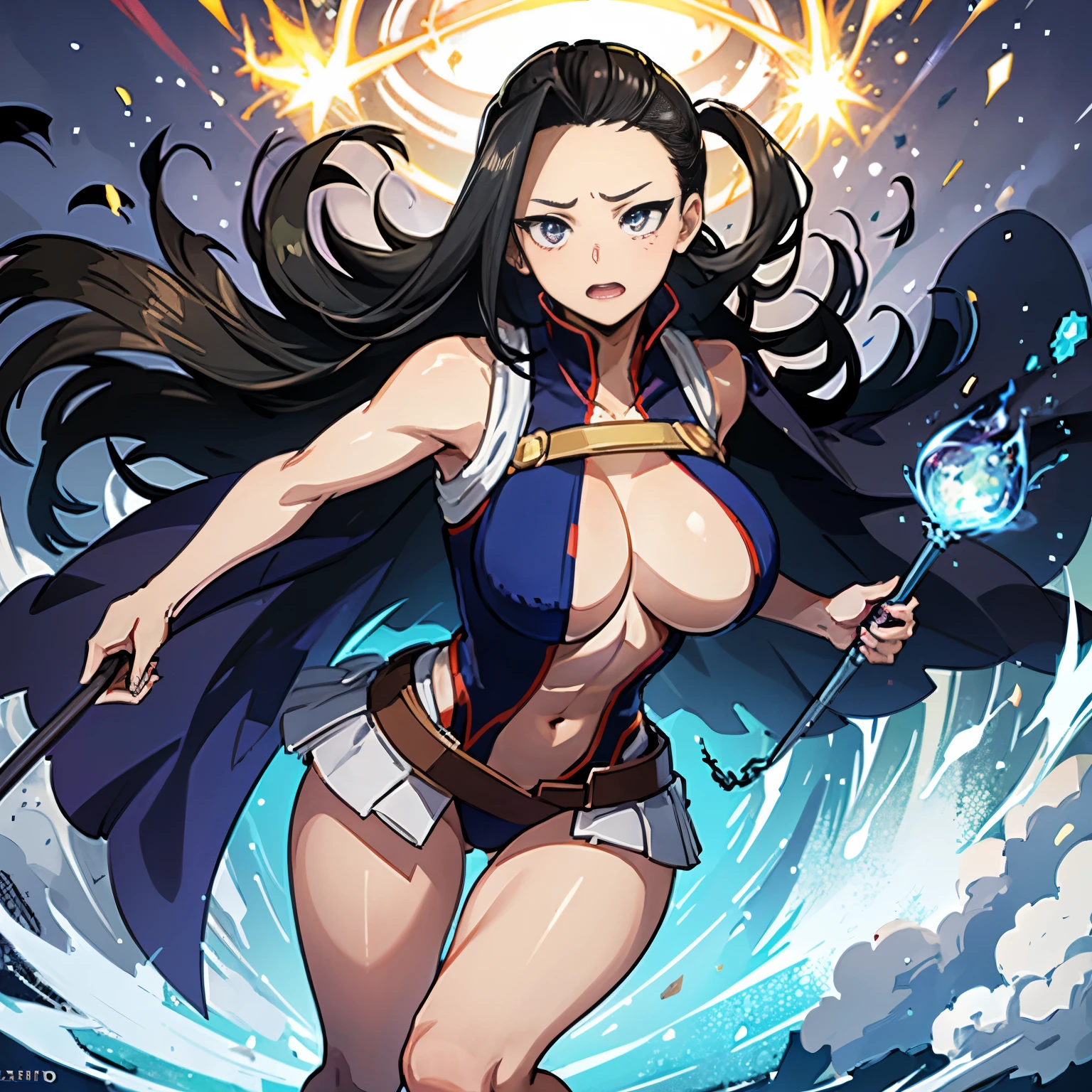 great quality, (1 woman), very focused face, Momo, yaoyoruzu, diamond face, perfect eyes, wizard robe, (wearing mage robe), mage robe, magic,  strong shadows, full body, detailed face, (casting spell), blue flashes of light, blue sparks, in battle, detailed abs, shinying eyes, (masterpiece), direct light, underlight, strong jaw, (large boobs), massive ass, thick thighs, (long torso), wide waist, thigh gap, skinny torso, fit, perfect face, sexy, (blushing), 