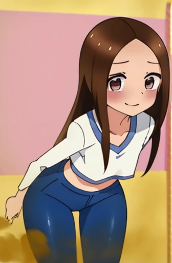 (real)、(photorealistic)、Ms. Takagi、1 woman、Height: 155cm、long hair、brown hair、bangs parting、brown eyes、White crop top、（belly exposed）、pink training pants、Black sneakers、amount、smile、muste piece、whole body、highest quality、volume light、Highly detailed CG Unity 8K wallpaper、The background is a dance studio、Light、Fantasia、Magic Spark、women stink、fart、shyness、blush、Gas comes out of the butt、Tense the face、sweaty、whole body写真、high school student