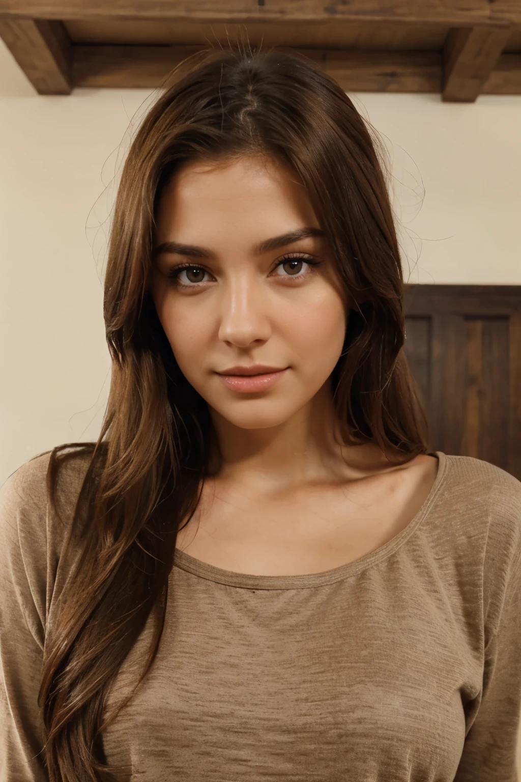 Europe Woman, pretty, realistic, brown eyes, look at viewer, long brown hair, shirt,