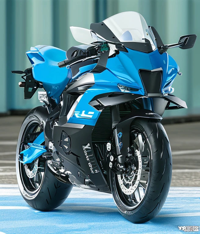 blue sport bike、full cowl model、The R9 logo or sticker is affixed to the side of the vehicle.