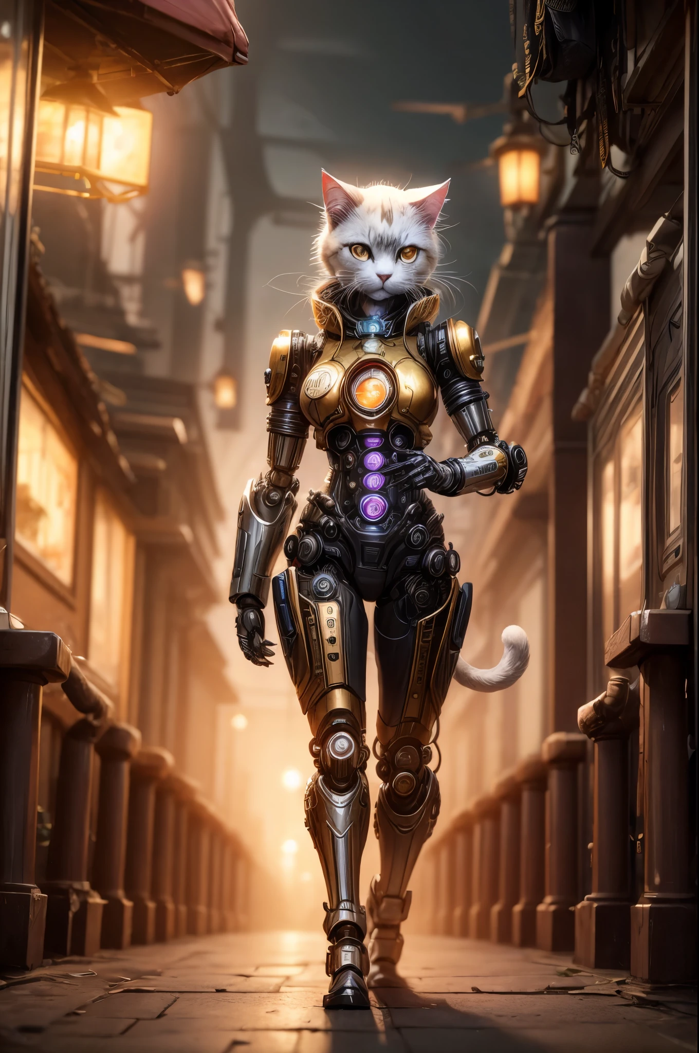"((Robotic cat)) with intricate steampunk enhancements, exploring a cyberpunk metropolis at the (golden hour), (mystical) aura, (highly detailed) and (captivating) painting