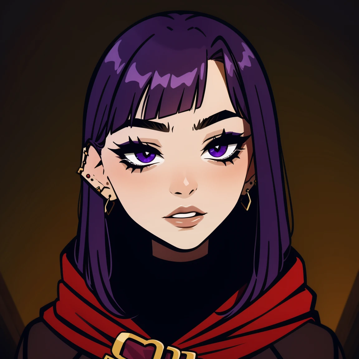 Raven, titans, hooded, goth girl, autumn forest background, detailed, detailed, detailed, beautiful, detail, goth girl, masterpiece, purple clothes, red jewel centre head, dark night background, gothic, goth, goth, detailed, goth girl, piercings, detailed face, looking viewer, raven, (Dark eye shadow) dark eye shadow, black eye shadow,