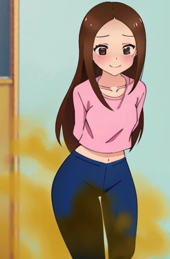 (real)、(photorealistic)、Ms. Takagi、1 woman、Height: 155cm、long hair、brown hair、bangs parting、brown eyes、White crop top、（belly exposed）、pink training pants、Black sneakers、amount、smile、muste piece、whole body、highest quality、volume light、Highly detailed CG Unity 8K wallpaper、The background is a dance studio、Light、Fantasia、Magic Spark、women stink、fart、shyness、blush、Gas comes out of the butt、Tense the face、sweaty、whole body写真、high school 、Hip Attack