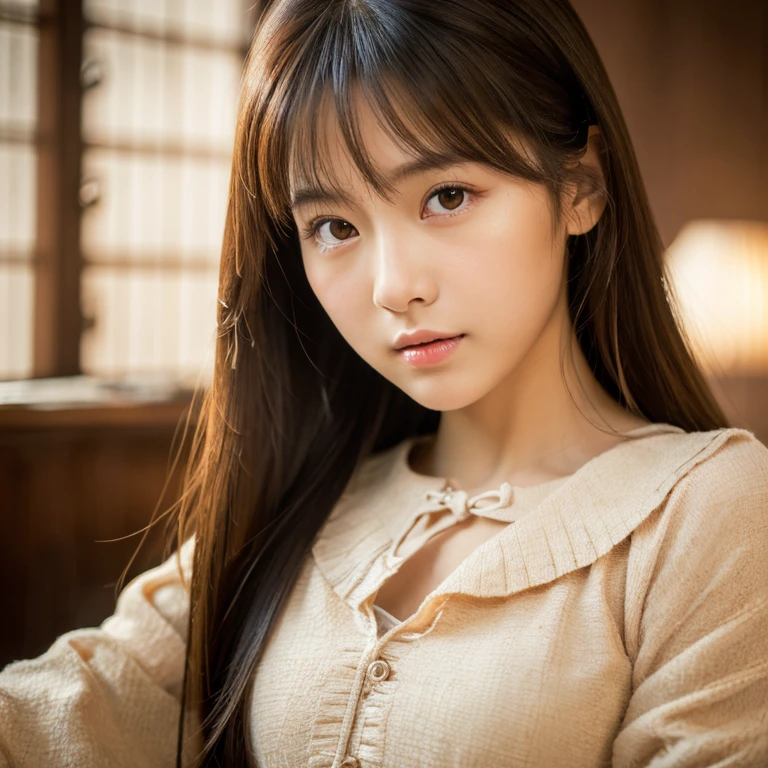 best quality, face focus, soft light, ultra high res, (photorealistic:1.4), RAW photo,
1japanese girl, solo, cute, (pupil, lights in the eyes),  detailed beautiful face, (small chest),(high resolution detail of human skin texture),
(long hair),
indoor,
Damask Shirt Dress,
(portrait)
