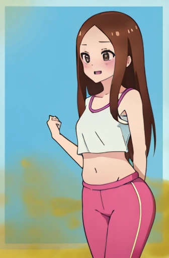 (real)、(photorealistic)、Ms. Takagi、1 woman、Height: 155cm、long hair、brown hair、bangs parting、brown eyes、White crop top、（belly exposed）、pink training pants、Black sneakers、amount、smile、muste piece、whole body、highest quality、volume light、Highly detailed CG Unity 8K wallpaper、The background is a dance studio、Light、Fantasia、Magic Spark、women stink、fart、shyness、blush、Gas comes out of the butt、Tense the face、sweaty、whole body写真、high school student