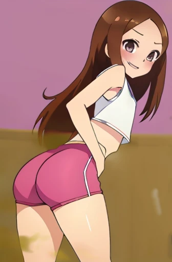 (real)、(photorealistic)、Ms. Takagi、1 woman、Height: 155cm、long hair、brown hair、bangs parting、brown eyes、White crop top、（belly exposed）、pink training pants、Black sneakers、amount、muste piece、whole body、highest quality、volume light、Highly detailed CG Unity 8K wallpaper、The background is a dance studio、Light、Fantasia、Magic Spark、women stink、fart、shyness、blush、Gas comes out of the butt、Tense the face、sweaty、whole body写真、high school student、Hip Attack