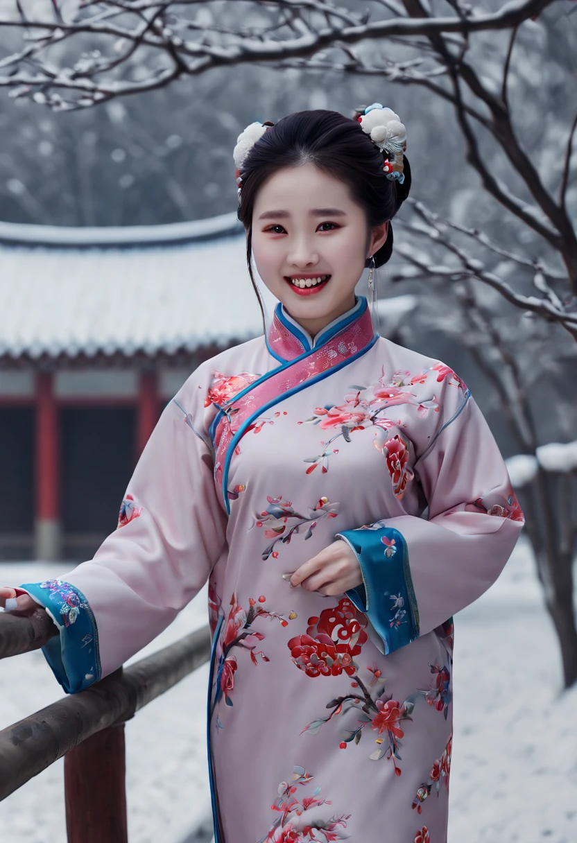 smile lady, 22yo, winter, chinese clothes, (best quality, masterpiece, Representative work, official art, Professional, 8k)