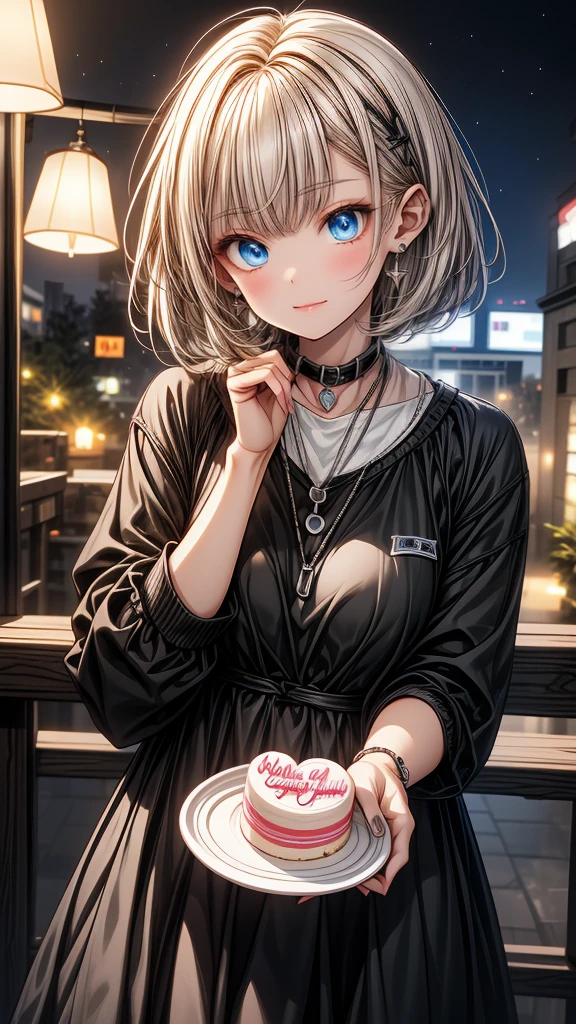 (masterpiece),1 girl with white bob cut hair and right bags side hair,blue eyes,open mouth,slightly blush,night room background,happy,hold a birthday cake.