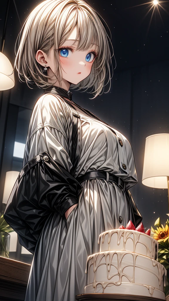 (masterpiece),1 girl with white bob cut hair and right bags side hair,blue eyes,open mouth,slightly blush,night room background,happy,hold a birthday cake.