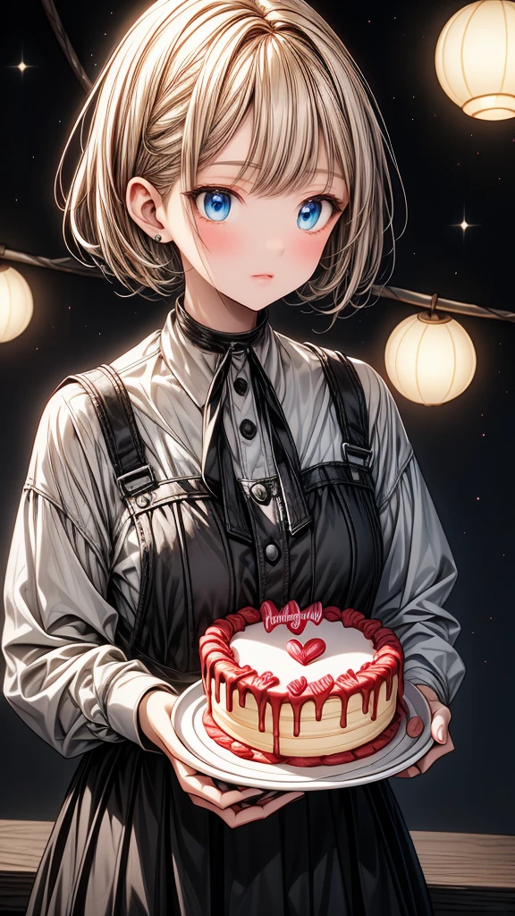 (masterpiece),1 girl with white bob cut hair and right bags side hair,blue eyes,open mouth,slightly blush,night room background,happy,hold a birthday cake.