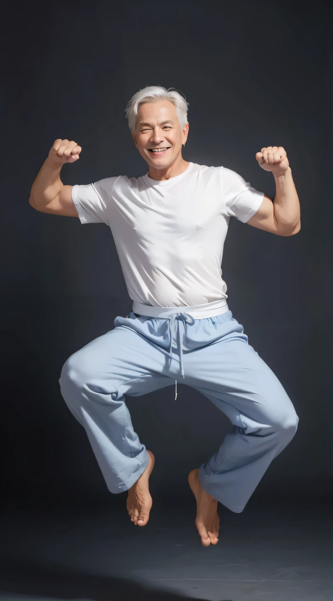 A cool, gray-haired old man wearing a plain white T-shirt and loose-fitting navy pants smiles.、Jumping in a cool kung fu pose。 , simple background, highest quality, masterpiece