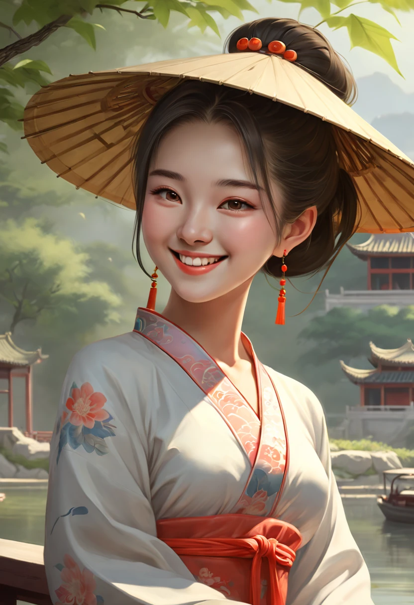 smile lady, 22yo, summer, chinese style, (best quality, masterpiece, Representative work, official art, Professional, 8k)