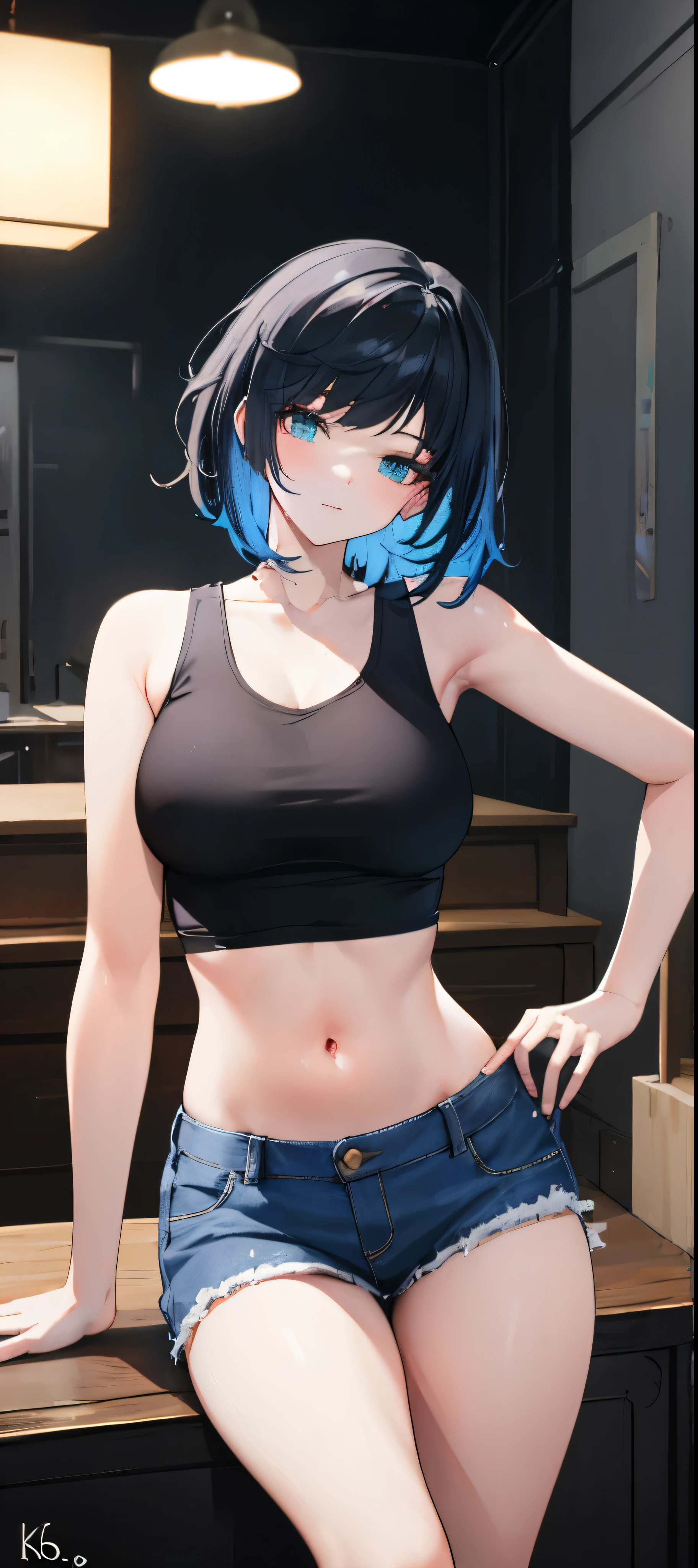 (Wallpaper,8k), (masterpiece, beautiful lighting, vibrant, best Quality), 1 woman, solo, short black hair, Messy hair , tank top, indoor, night