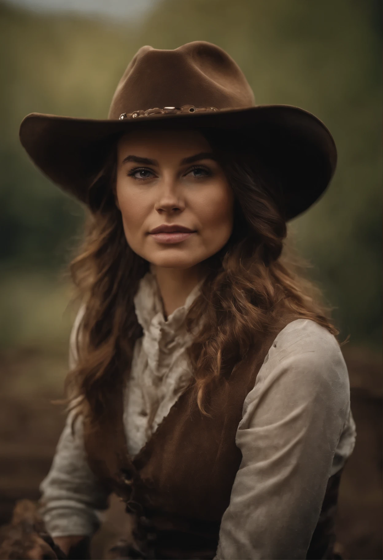 portrait of beautiful women in muddy farm:1.2 , cowboy hat, fringed waistcoat , trousers, scarf , confidence 