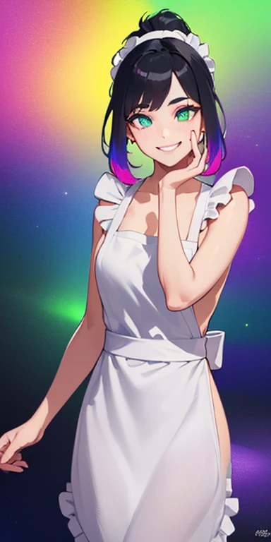 (black hair,colorful fluorescence multicolored hair:1.5,ponytail:1.5), (masterpiece, sidelights, exquisite beautiful eyes: 1.5), masterpiece*portrait, realistic, ((Colorful background of different colors:1.5)),(Gentle face:1.5),colorful,3D face,(cute face),front view: 1.6、((put your hand on your cheek:1.5))、 (glowing green eyes:1.2),(tareme:1.5)、(cute smile:1.5),,Slim Body, shiny hair, shiny skin: 1.5、medium breasts,、solo,(stand)、(naked apron:1.5)、(charactor focus:1.5、portlate、eye focus,cowboy shot)、bright atmosphere,intricatedetails