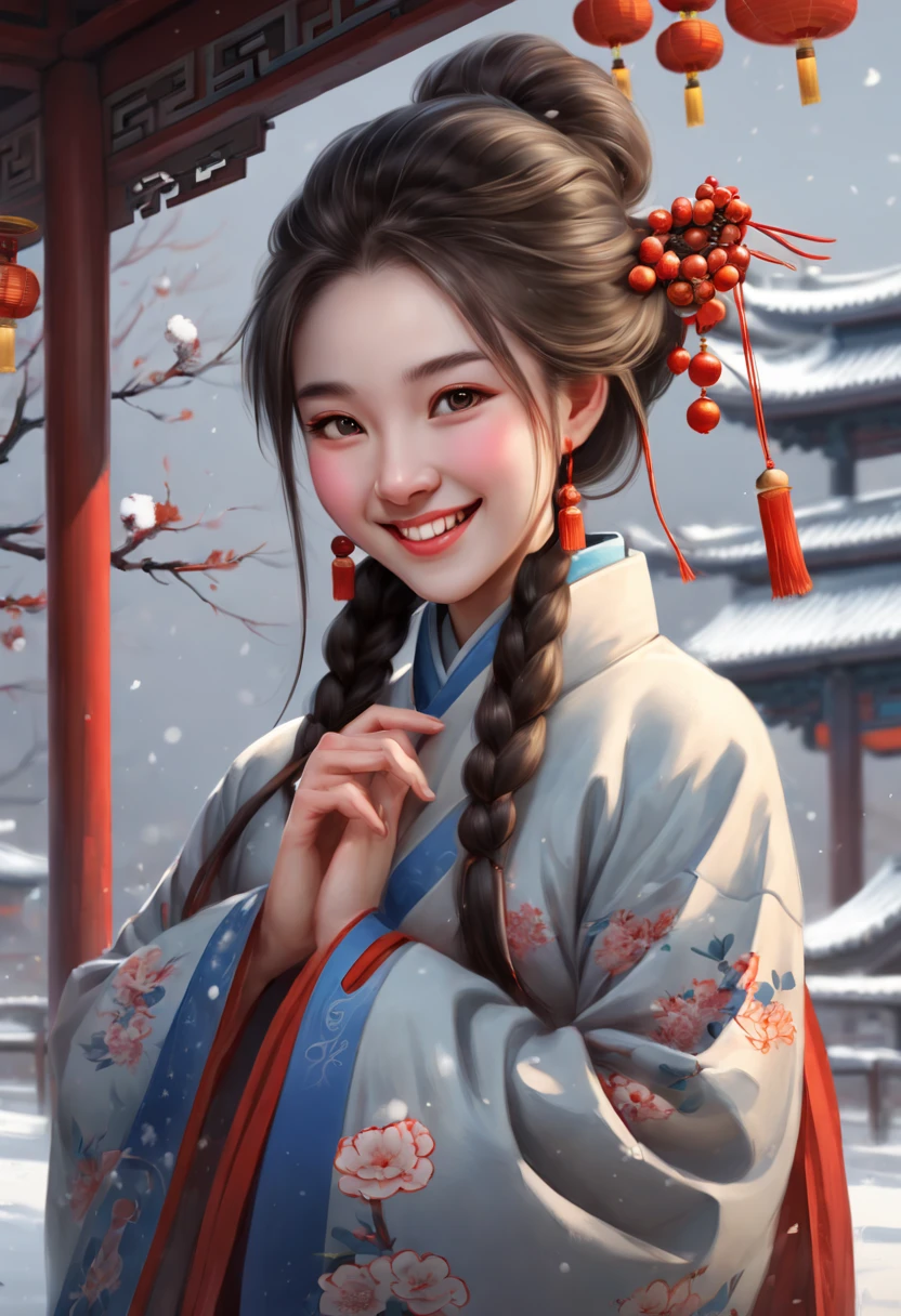 smile lady, 22yo, winter, chinese style, (best quality, masterpiece, Representative work, official art, Professional, 8k)