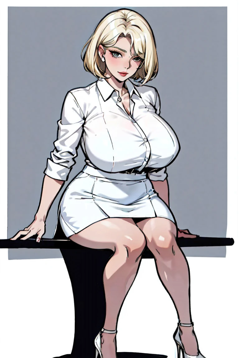 natural makeup, big tits, seductive, motherhood, at_the_CEO_office, looking at the audience, sexy, full body, CEO lady, (mature woman, milf: 1.1), solo, (curve: 1.1), milf, modern office background, high heels, blonde hair, bob haircut, nfsw, stand, white tube dress, white short skirt,