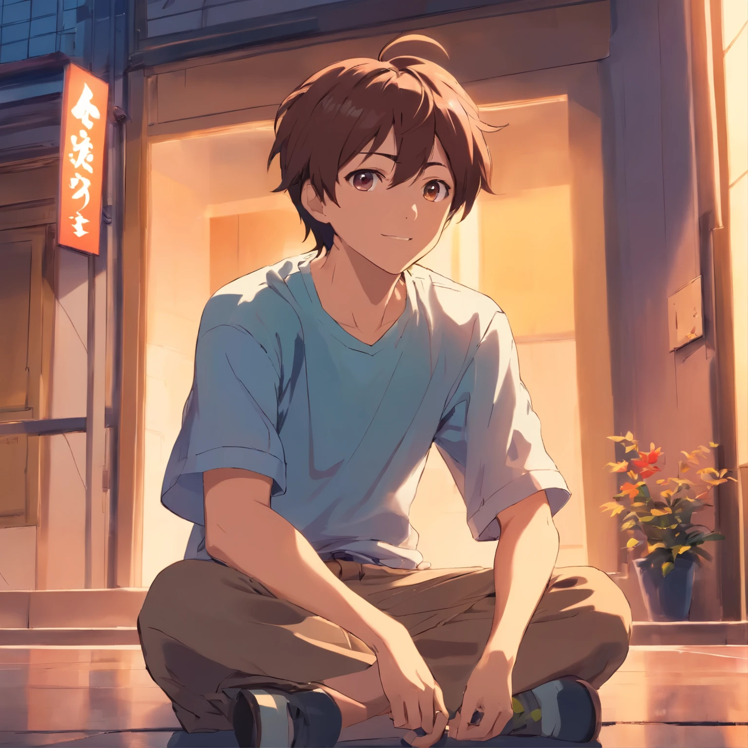 simple background、male,incarnation anime style,Unique exaggerated facial features and clothing,sitting、whole body,Body protruding against backlit background,High contrast color,4K HD quality,young,smile,good looking