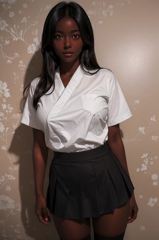 (8k ultra HD quality, best quality, art, high quality, perfect light, absurd, ultra detailed: 1.21, woman, alone, dark-skinned woman, black hair, dark skin, big breasts, sexy, Japanese school costume, portrait, black knee-high socks, sexy student, parted lips, dark eyes, looking at viewer, Japan street background, huge breasts, small sample, sexy, olive skin, dark skin, holding breasts, wallpaper, short skirt, high school girl sexy.