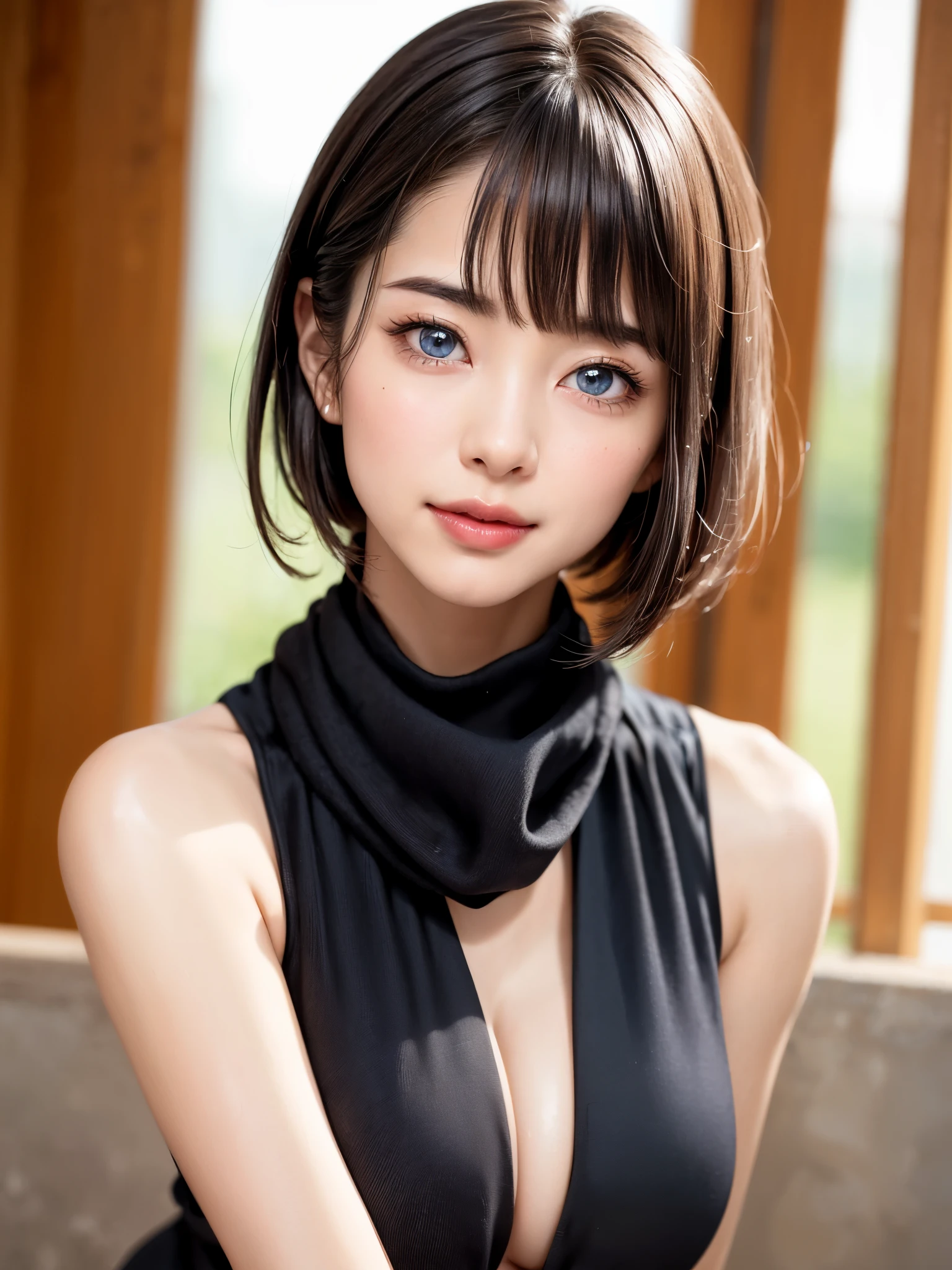 (table top, highest quality、High resolution:1.4、very attractive beauty、Adds intense highlights to the eyes、look closely at the camera:1.4、Beautiful woman full of charm、ideal body proportions、perfect anatomy、brunette short bob hair、shiny hair、bangs:2、光沢のあるbangs:2、lip gloss),1 girl, Report, light brown shiny hair, scarf,realistic, looking at the viewer、Please tilt your head slightly, bright colored crystal light blue eyes, short and shiny hair、 chest中央に穴の開いた白いタートルネックの衣装,chestの真ん中に丸い穴のあるセクシーな白いタートルネック ニット セーター、 lips, lip gloss, Upper body、Big eyes、eyelash、face is a little red、embarrassing)、((italian road in winter))、((short hair with Big eyess、Give your students very powerful highlights、{Huge|big|Hugeな|mega} chest:1.6、very bigger chest、look at the audience、very beautiful beauty、show me your ears、long neck、smile、smile、Happy、beautiful teeth、口を開いてsmile、heart shaped eyes))、28 years old、very cute super model、bangs:1.8