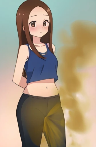 (real)、(photorealistic)、Ms. Takagi、1 woman、Height: 155cm、long hair、brown hair、bangs parting、brown eyes、White crop top、(belly exposed)、pink training pants、Black sneakers、amount、muste piece、whole body、highest quality、volume light、Highly detailed CG Unity 8K wallpaper、The background is a dance studio、Light、Fantasia、Magic Spark、women stink、fart、shyness、blush、Gas comes out of the butt、Tense the face、sweaty、whole body写真、high 、Hip Attack