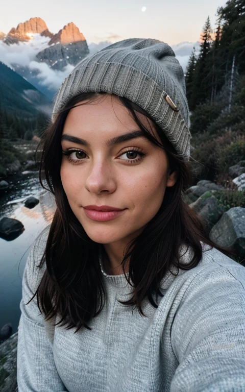 photorealistic, best quality, hyper detailed, beautiful woman, selfie photo, upper body, solo, wearing pullover, outdoors, (night), mountains, real life nature, stars, moon, (cheerful, happy), sleeping bag, gloves, sweater, beanie, flashlight, forest, rocks, river, wood, smoke, fog, clear sky, analog style, looking at viewer, skin texture, film grain, close up, ultra high res, best shadow, RAW, instagram LUT