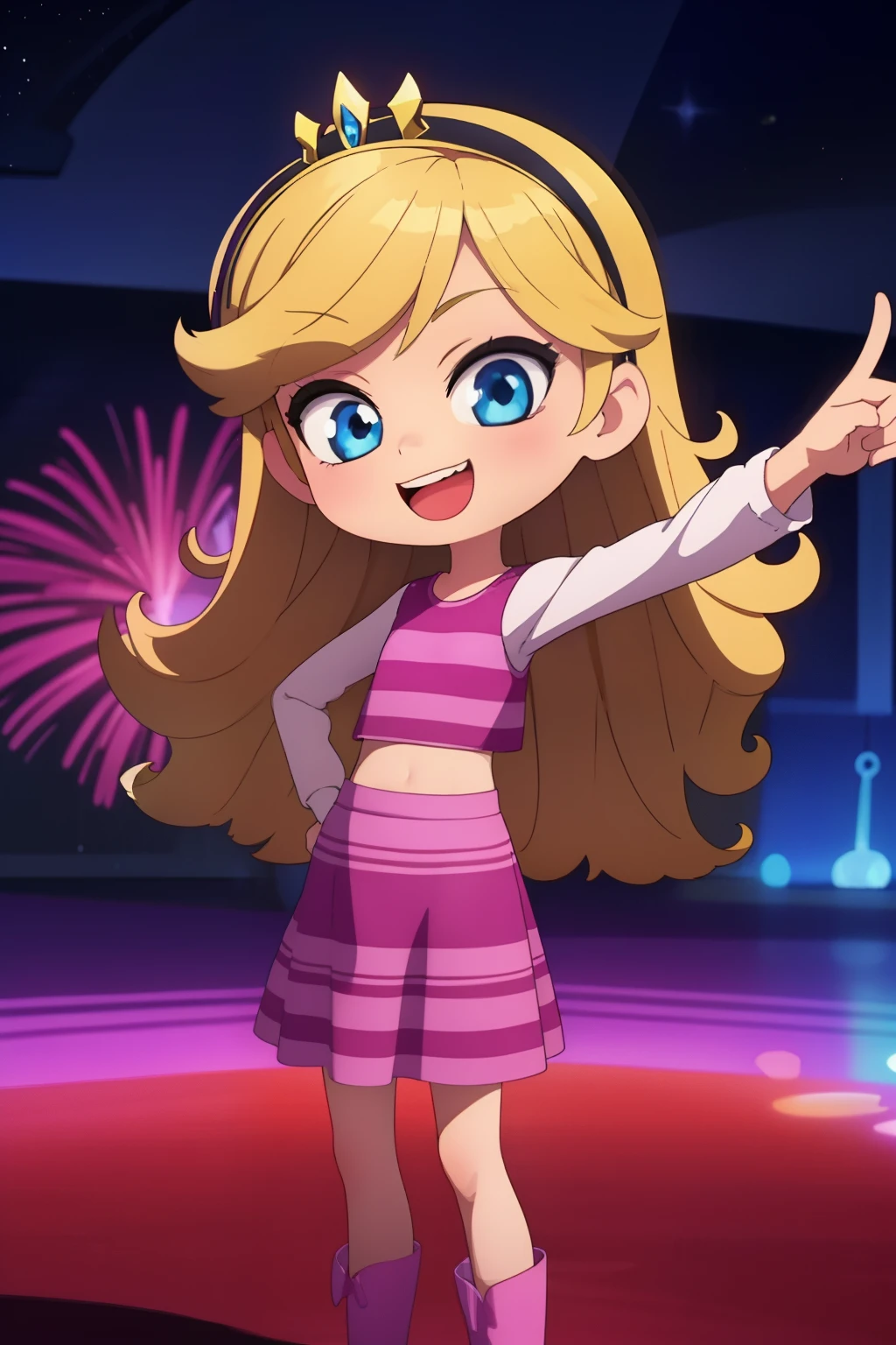 ((masterpiece, best quality)),1girl, solo,child, yellow princess tiara, penny peterson, blonde hair, hairband, blue eyes, pink sleeveless crop top, purple pleated skirt, red boots, white trimmings, a cute smile, excited, laughing, kawaii, peace sign, vibrant, rainbows, 4k, blue bubbles, stars, fireworks, best shadows, watercolor,