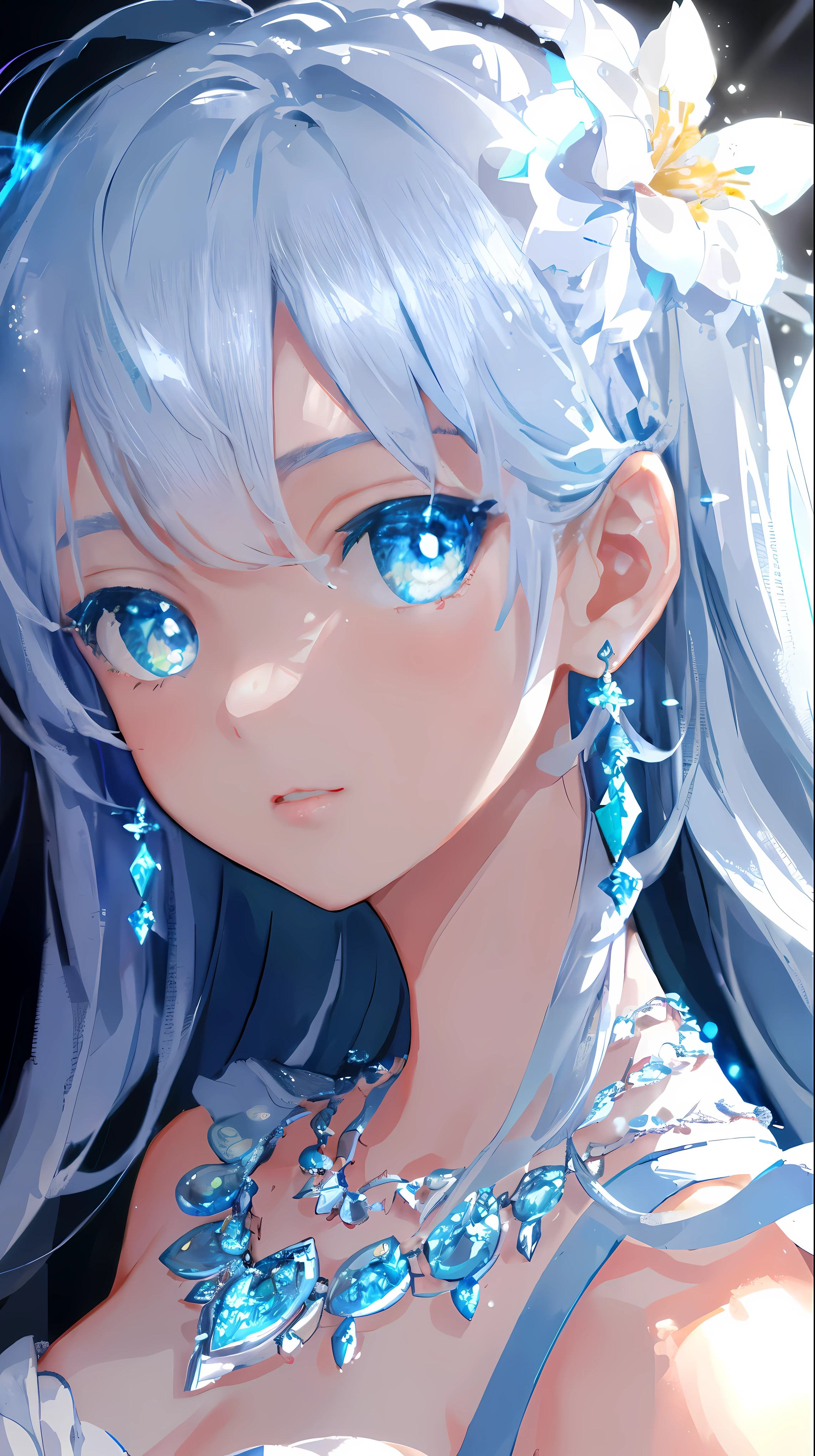 masterpiece,,illustration,saxophone blue,Platinum Earrings,Platinum Necklace,whiteskirt,1 girl,Lovely,(动态Light:1.2),Light,Exquisite facial features,exquisite eyes,sharp pupils,realistic pupils,depth of field,blurred background,sharp focus,(super detailed,Light晕,发Light:1.4),Many small gemstones