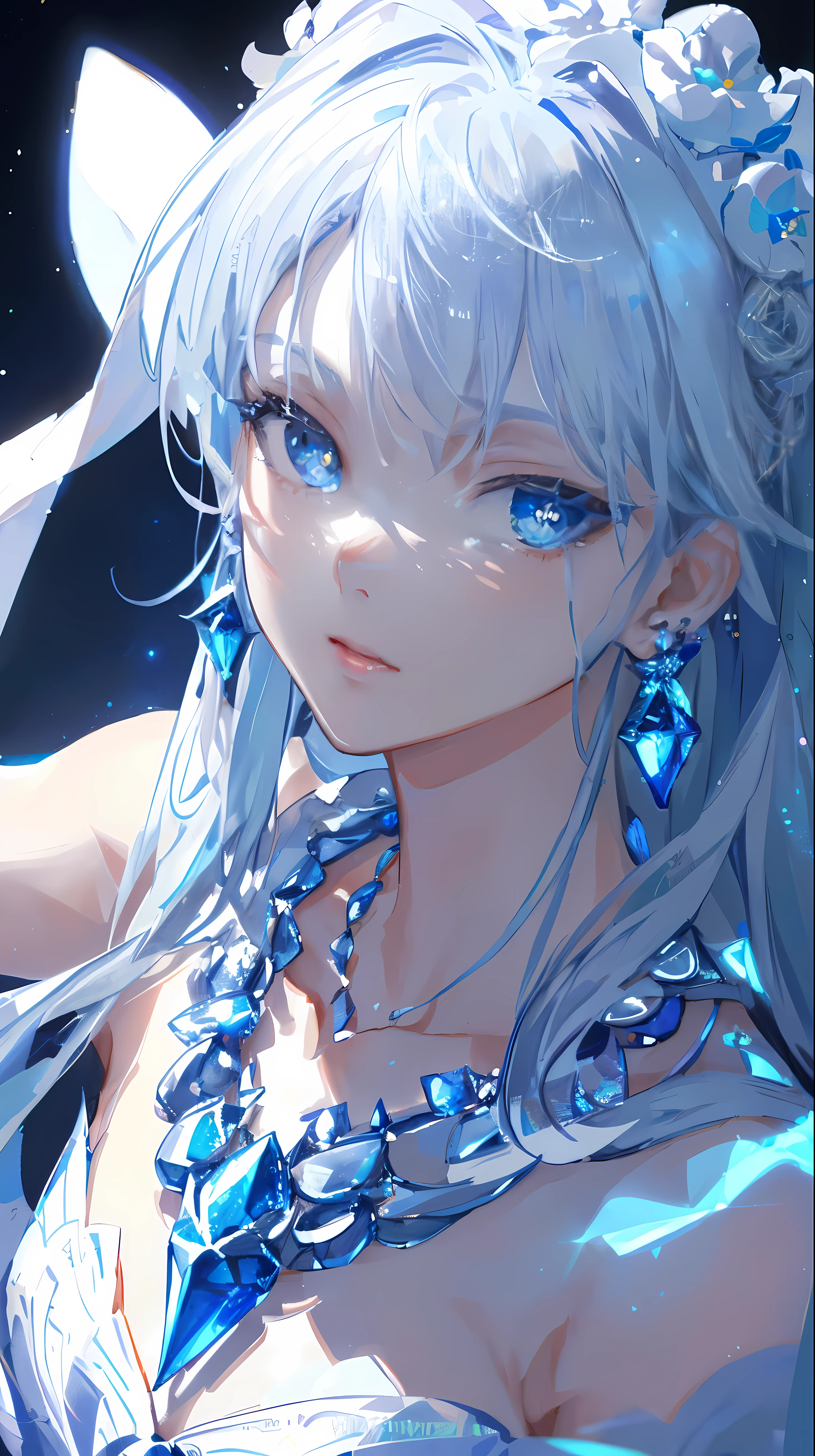 masterpiece,,illustration,saxophone blue,Platinum Earrings,Platinum Necklace,whiteskirt,1 girl,Lovely,(动态Light:1.2),Light,Exquisite facial features,exquisite eyes,sharp pupils,realistic pupils,depth of field,blurred background,sharp focus,(super detailed,Light晕,发Light:1.4),Many small gemstones